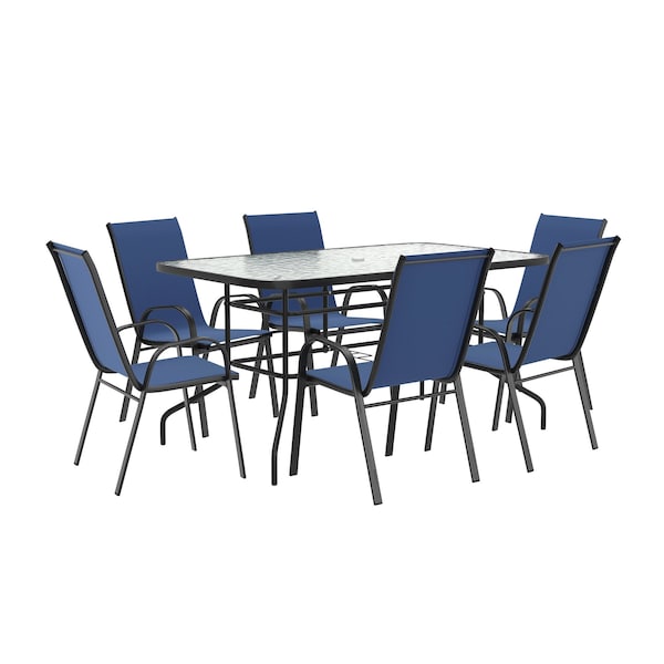 Flash Furniture Brazos 7 Pc Outdoor Patio Dining Set - 55in Tempered Glass Patio Tbl w/Umbrella Hole, 6 Navy Chairs TLH-089REC-303CNV6-GG - main